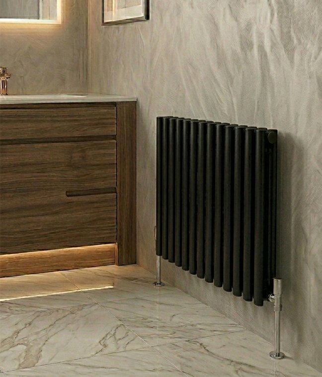 black designer radiator in bathroom